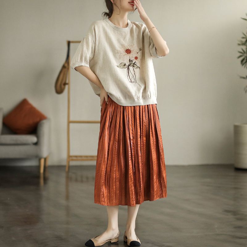 Plus Size Dam Sommar Retro Blommig Linne Lös T-shirt
