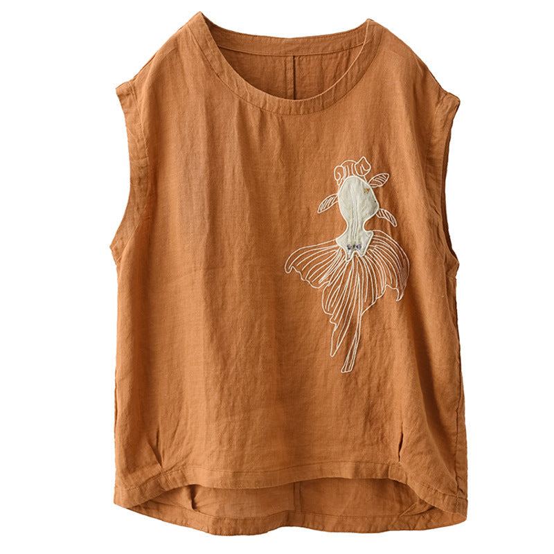Dam Retro Goldfish Broderi Linne Casual Väst