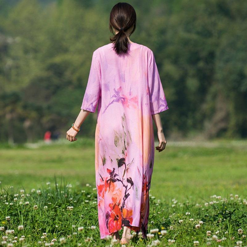 Chic Blommönstrad Slit Loose Klänning