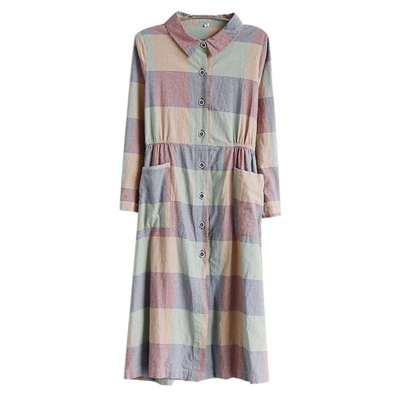 Gingham Bomull Linne Casual Lös Långärmad Klänning
