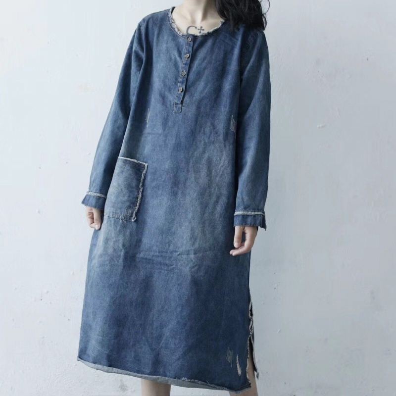 Loose Raw Edge Split Denim Klänning
