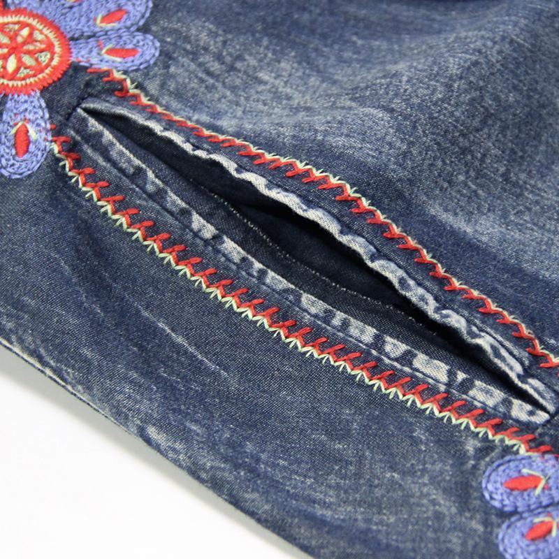 Midjebälte Broderi Vintage Dam Denim Långärmad Klänning