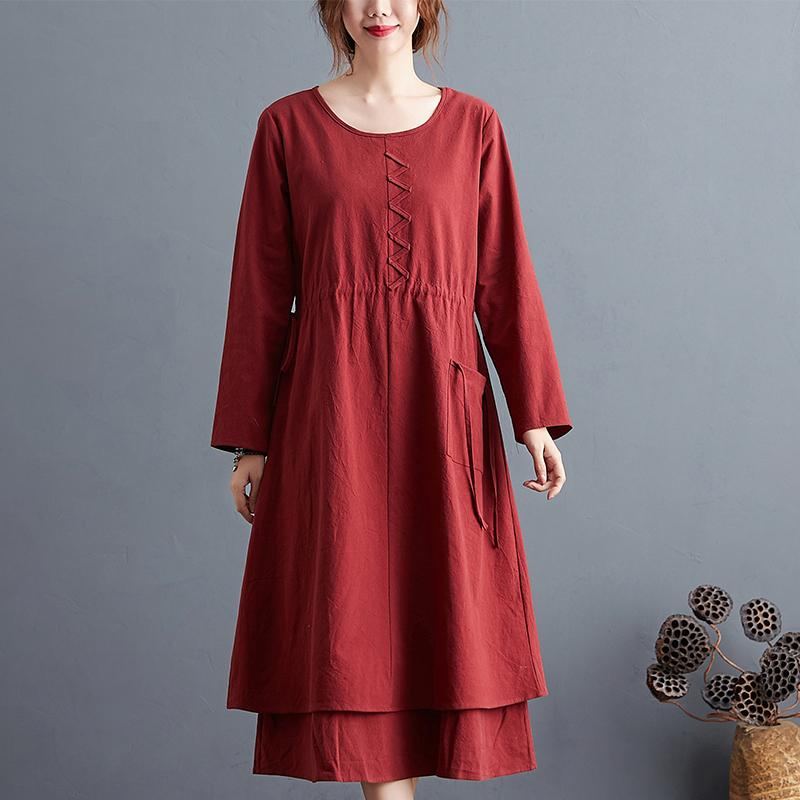 Plus Size Autumn Vintage Bomull Linne A-line Midiklänning