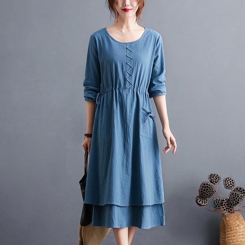 Plus Size Autumn Vintage Bomull Linne A-line Midiklänning
