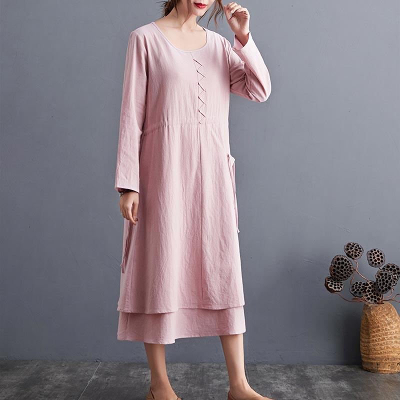 Plus Size Autumn Vintage Bomull Linne A-line Midiklänning