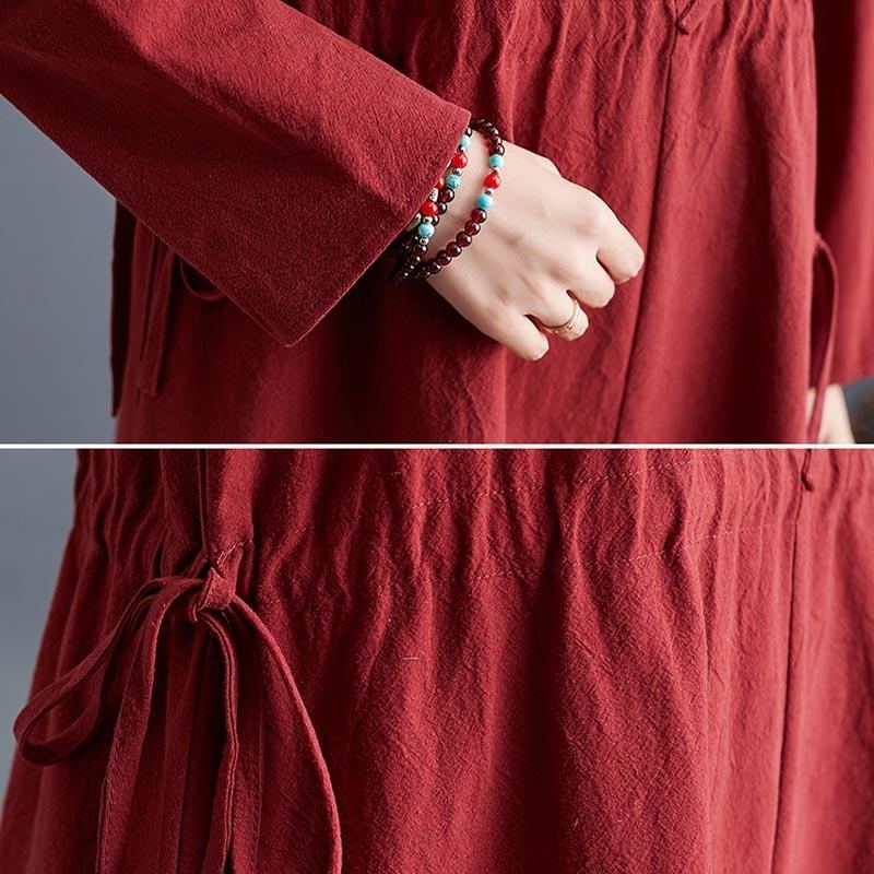 Plus Size Autumn Vintage Bomull Linne A-line Midiklänning