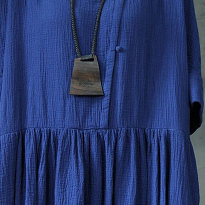 Plus Size Solid Rich Linne Loose Shift Gathered Dress M-5xl