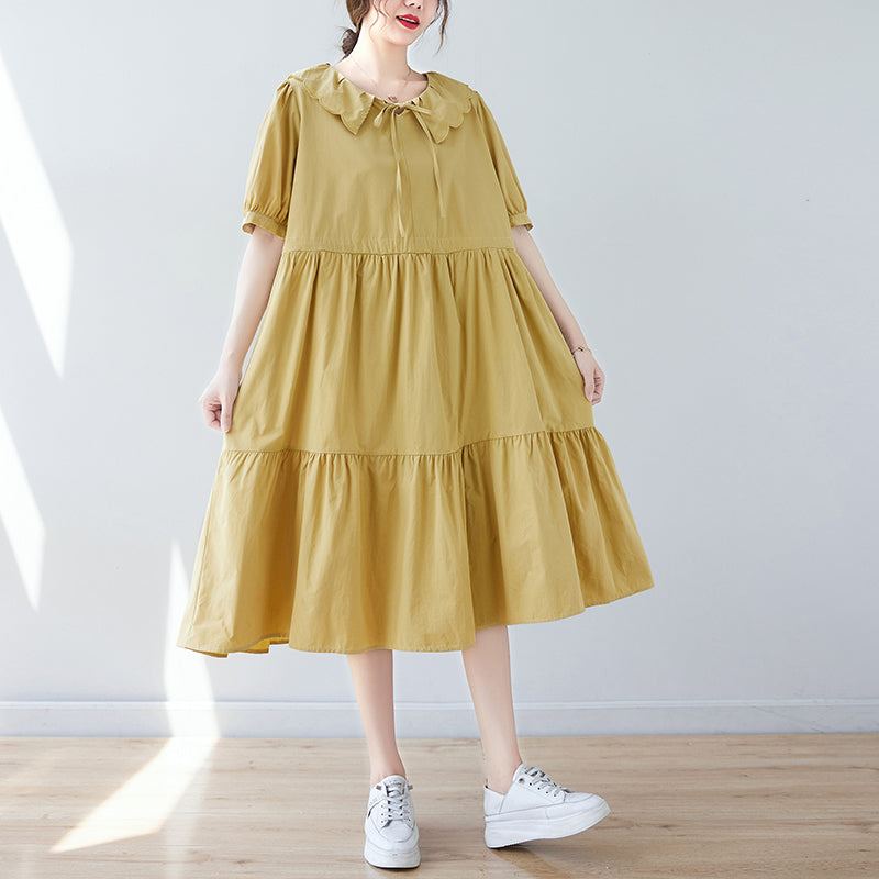 Plus Size Sommar Lös Snörning Plisserad Bomullsklänning