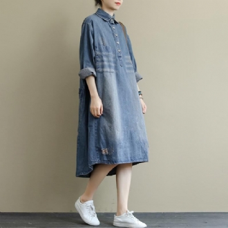 Retro Denim Tvättad Mellanlång Klänning