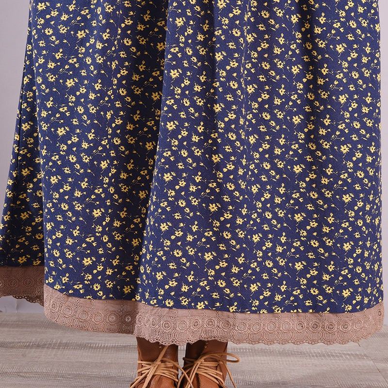 Spring Retro Blommor Patchwork Lös Bomullsklänning