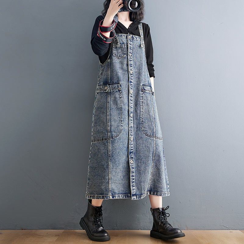 Spring Retro Casual Lös Ärmlös Denimklänning I Bomull