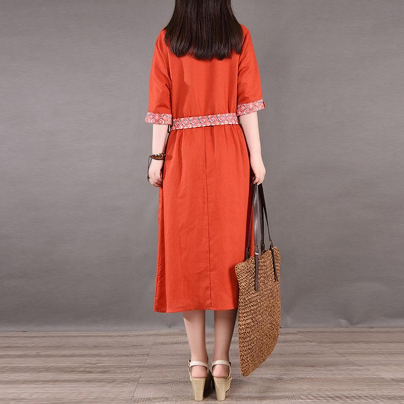 Spring Summer Lace-up Plus Size Cotton Linne Klänning