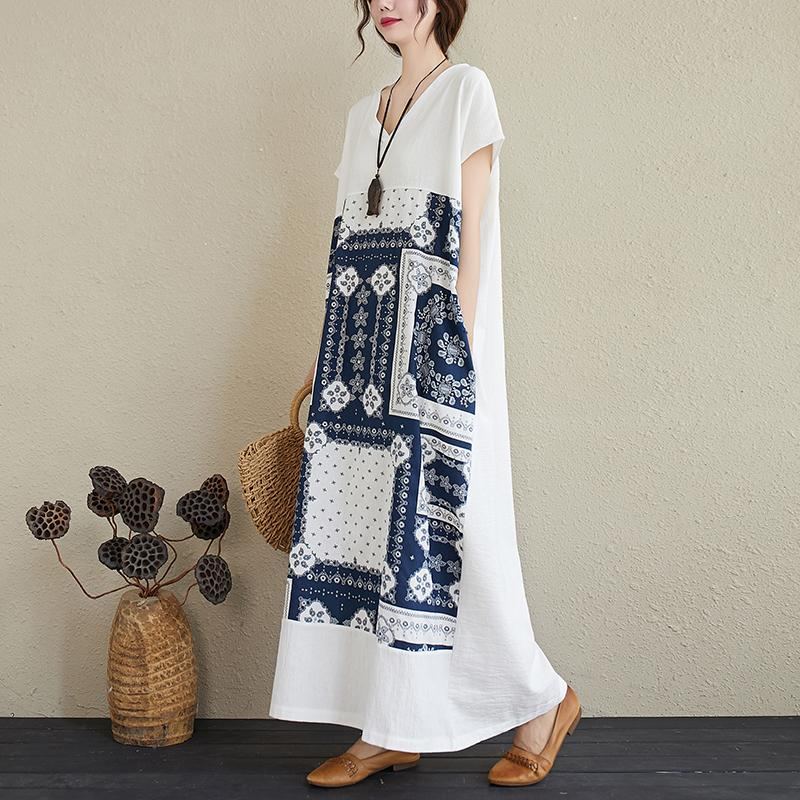 Summer Retro Printed V-neck Plus Size Lös Linne Klänning