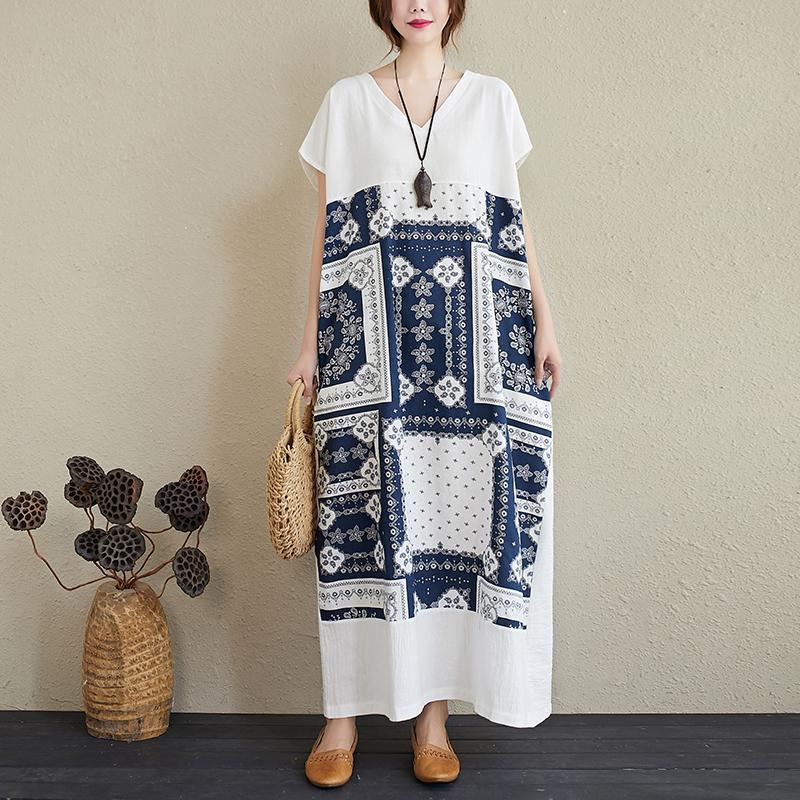 Summer Retro Printed V-neck Plus Size Lös Linne Klänning