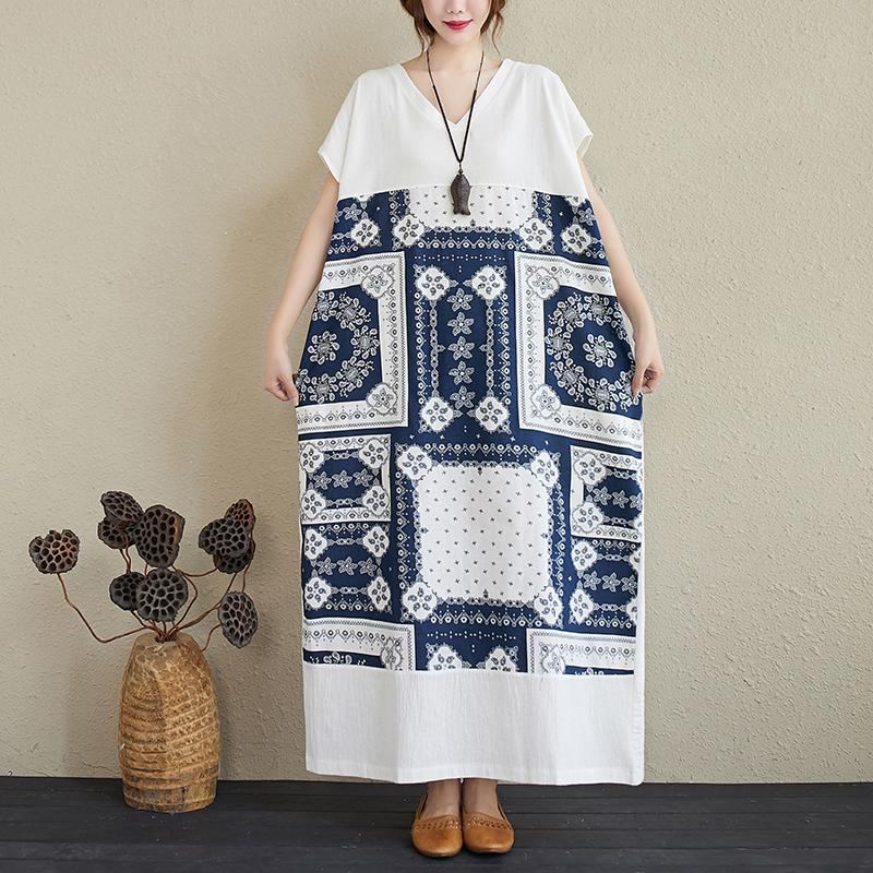 Summer Retro Printed V-neck Plus Size Lös Linne Klänning
