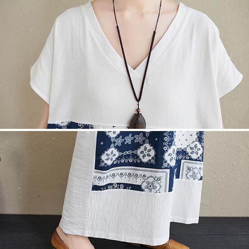 Summer Retro Printed V-neck Plus Size Lös Linne Klänning