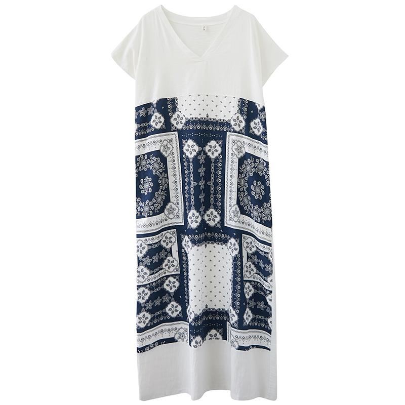 Summer Retro Printed V-neck Plus Size Lös Linne Klänning