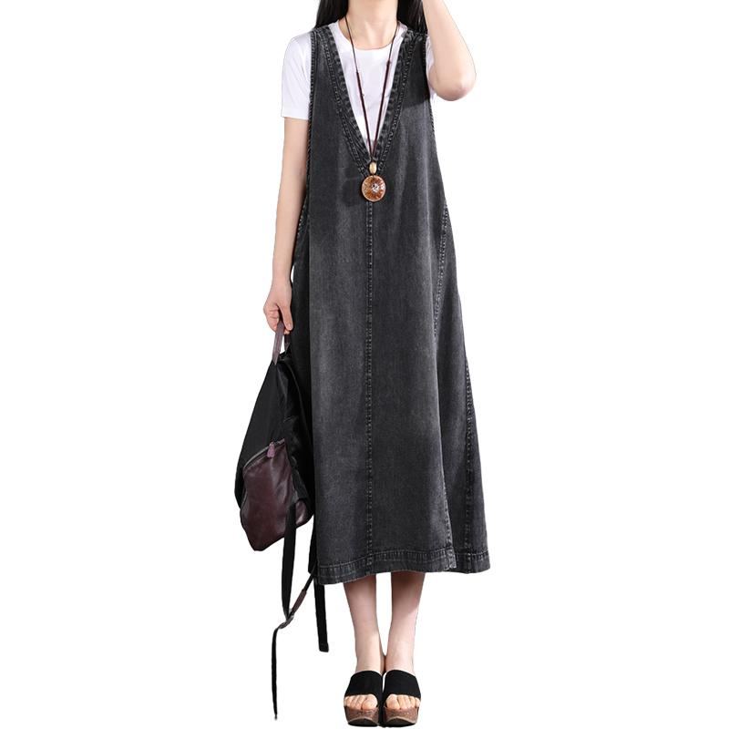 Summer V-neck Parchwork Pullove Cotton Denim Dress