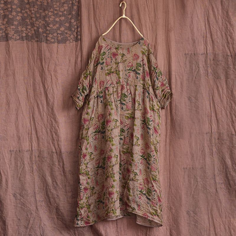 Vår Sommar Vintage Blommig Linne Lös Klänning