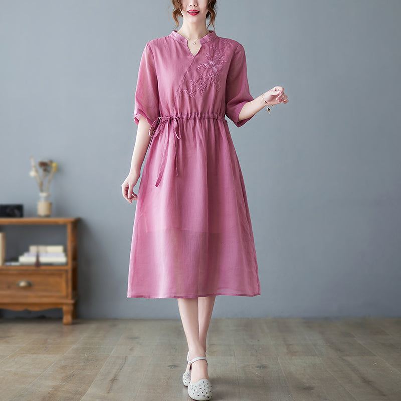 Vintage Casual Blommor Broderi Klänning I Bomullslinne