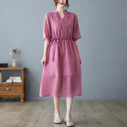 Vintage Casual Blommor Broderi Klänning I Bomullslinne
