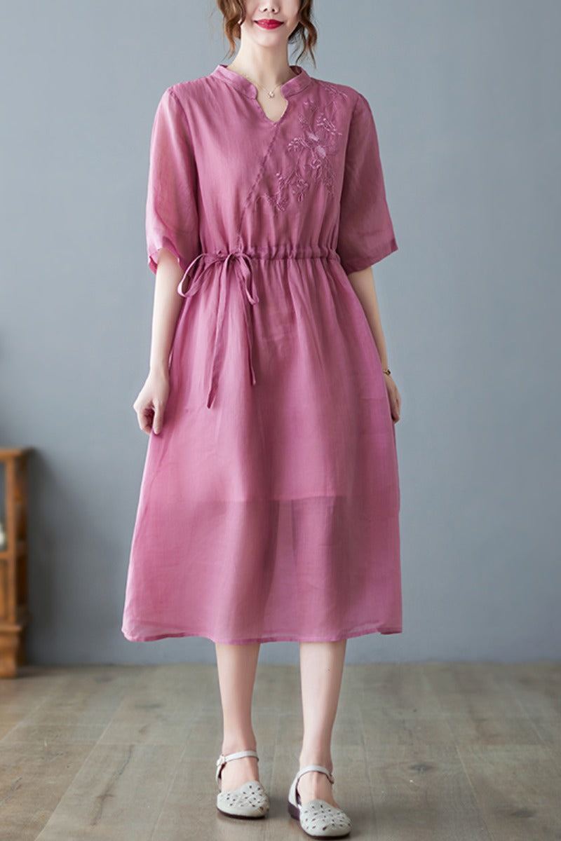 Vintage Casual Blommor Broderi Klänning I Bomullslinne