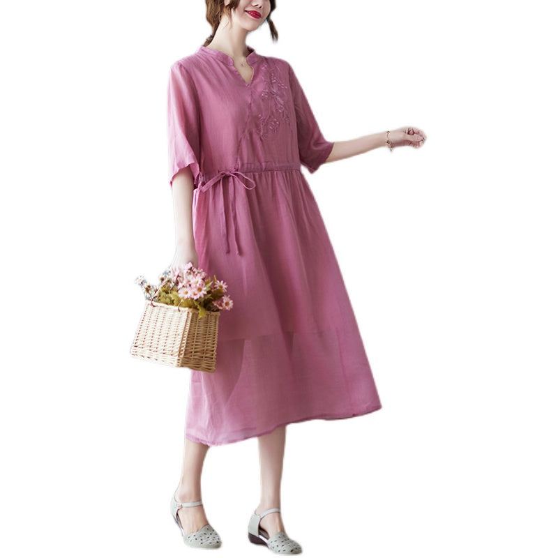Vintage Casual Blommor Broderi Klänning I Bomullslinne