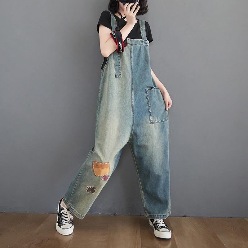 Dam Patch Lös Denim Rak Jumpsuit