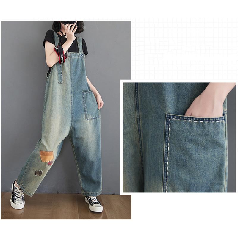 Dam Patch Lös Denim Rak Jumpsuit