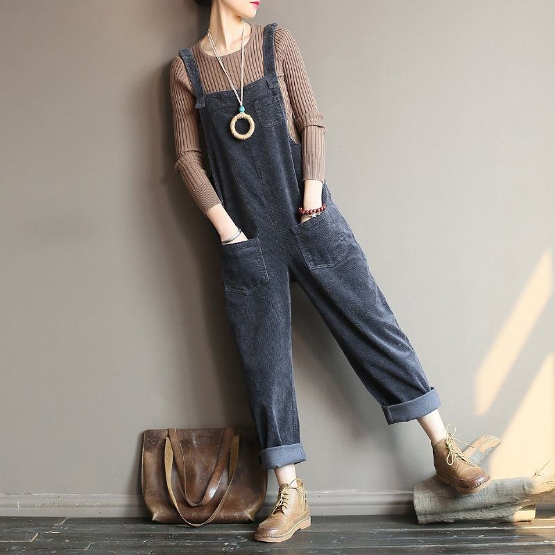 Retro Loose Casual Cotton Corduroy Jumpsuit