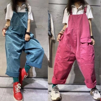 Summer Retro Plus Size Wide Leg Cotton Denim Jumpsuit