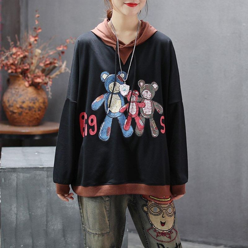 Bear Printed Casual Long Sleeve Hoodie