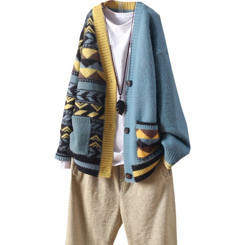 Color Block V-hals Lös Casual Sweater Cardigan Coat