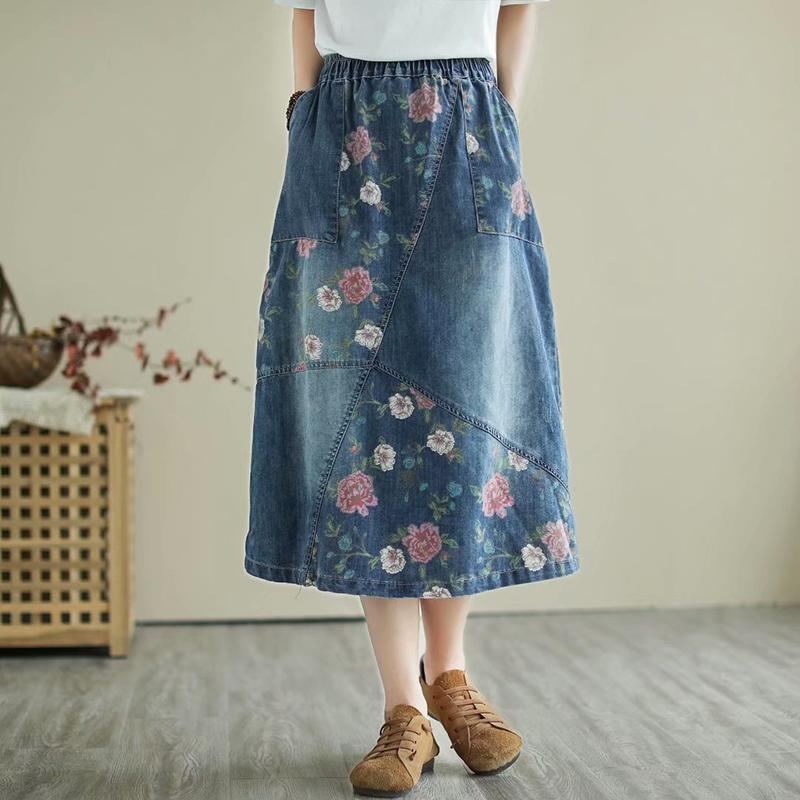 Retro Blommig Lös Casual Patchwork Denimkjol