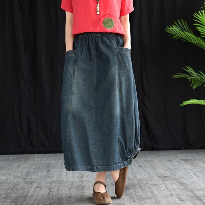 Retro Denim Elastisk Midja A-linje Kjol