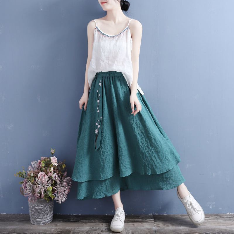 Sommar Retro Bomull Linne Blommig Broderi Ribbon Kjol