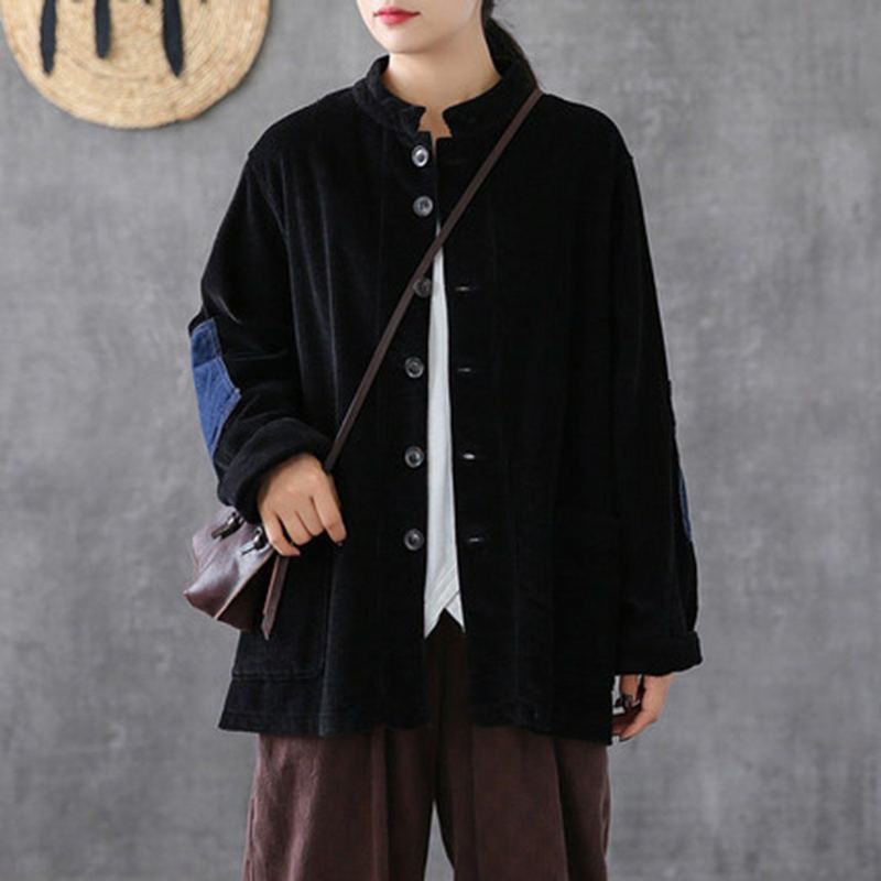 Cordduroy Patchwork Stand Collar Coat