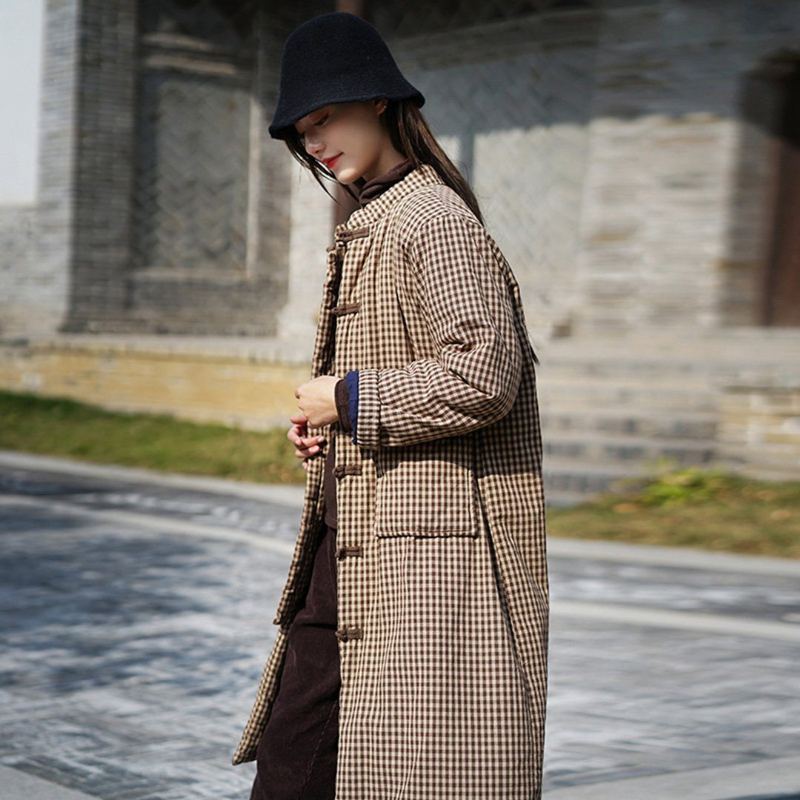 Gingham Stand Collar Thick Coat