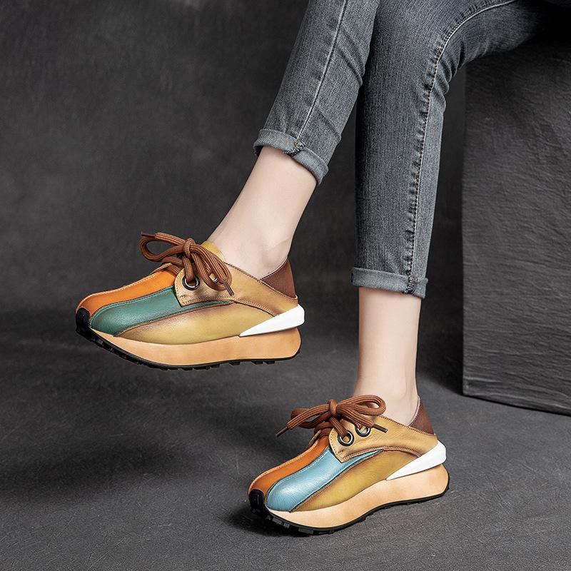 Retro Läder Handgjorda Rainbow Patchwork Fritidsskor