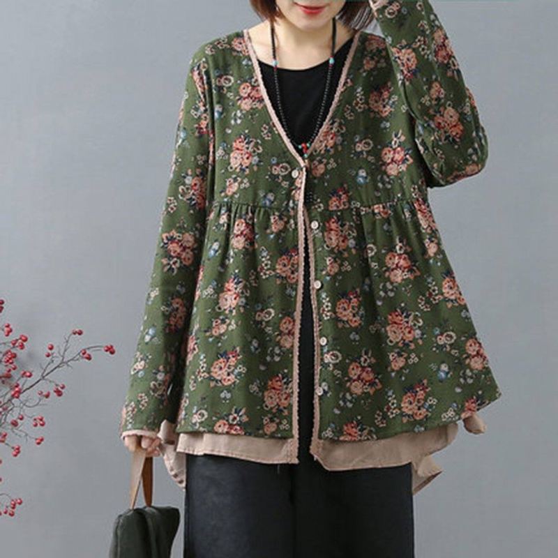 Blommig Vintage Panelad Lös Casual Cardigan Blus