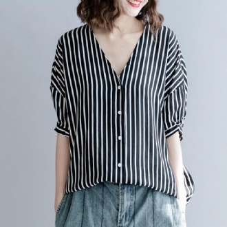 Casual V-neck Stripes Lös Skjorta För Kvinnor