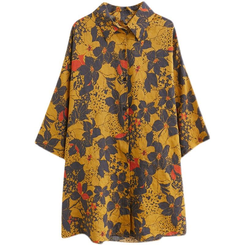 Dam Retro Blommig Bomull Linne Gul Lång Blus