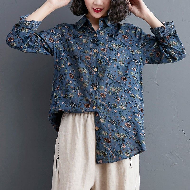 Dam Retro Blommig Lös Polo Collar Blus