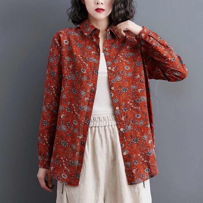 Dam Retro Blommig Lös Polo Collar Blus