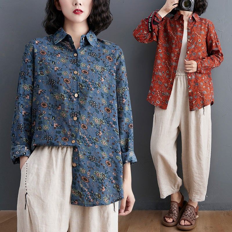 Dam Retro Blommig Lös Polo Collar Blus