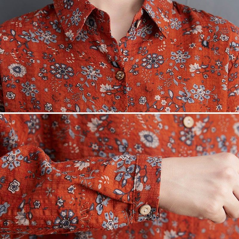 Dam Retro Blommig Lös Polo Collar Blus