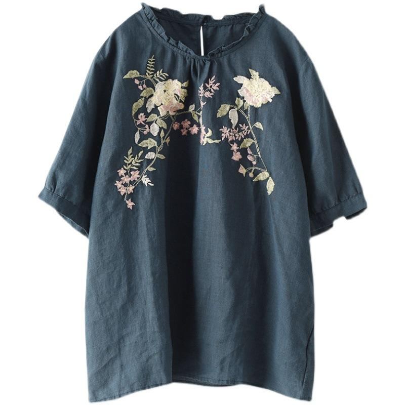 Dam Retro Blommor Broderi Pullover Linne T-shirt