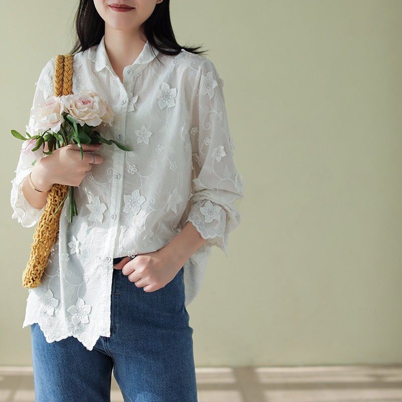 Dam Retro Blommor Broderi Spring Lös Blus