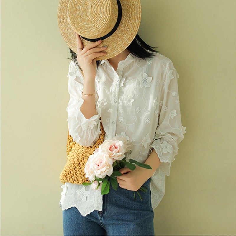 Dam Retro Blommor Broderi Spring Lös Blus