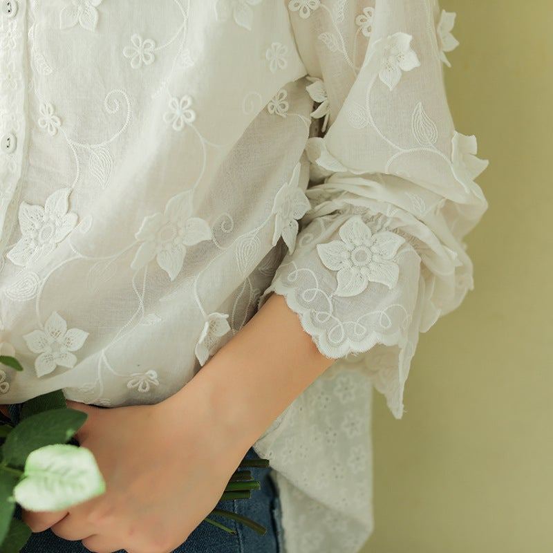 Dam Retro Blommor Broderi Spring Lös Blus